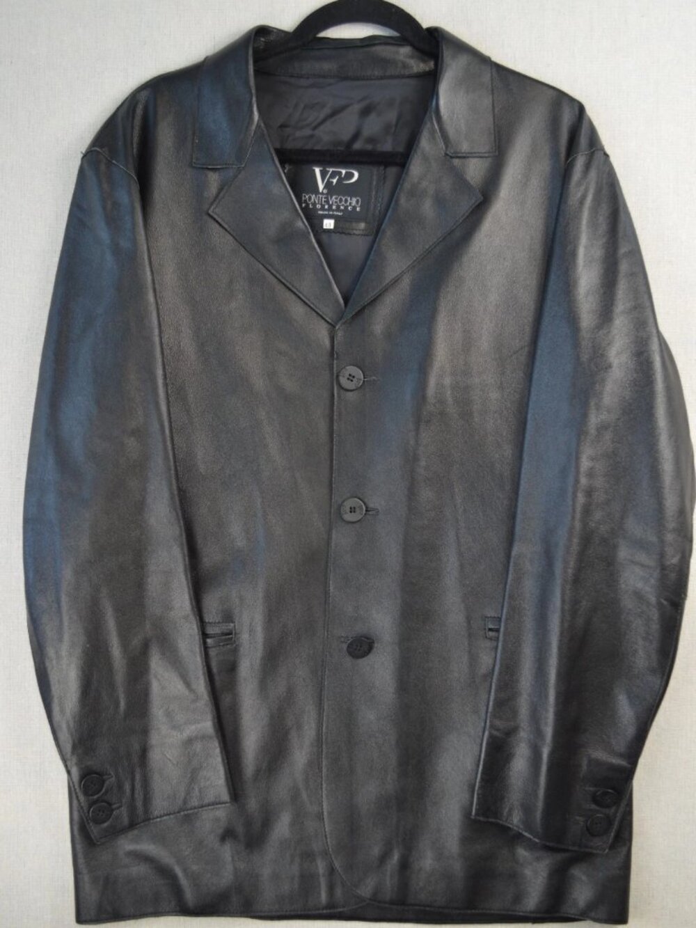 Ponte Vecchio Florence Mens Black Leather Coat Italy Made Notch Lapel Size 48